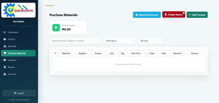 Purchase materials management page