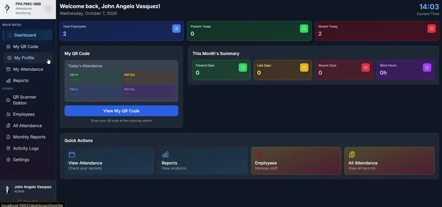 Attendance dashboard with stats