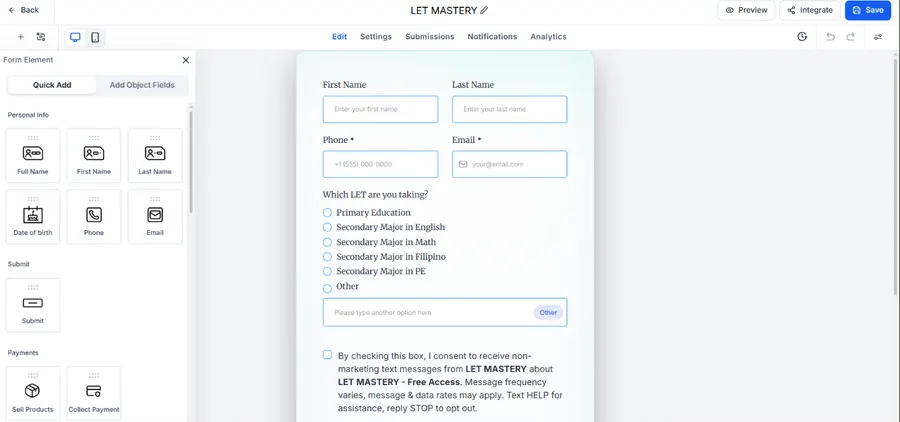 LET Mastery intake form in GoHighLevel